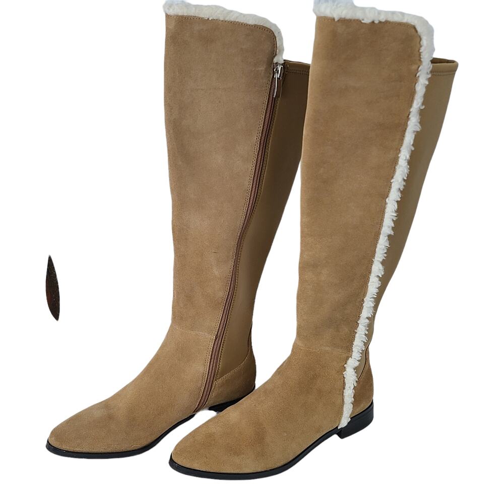 GILI beige leather suede knee high boots faux sheepskin trim 7.5